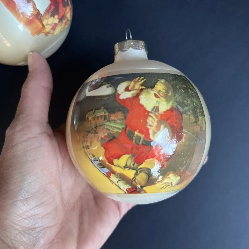 Vintage Santa Claus Glass Ornaments Set of 4 Double Sided Coca Cola Style W/Box